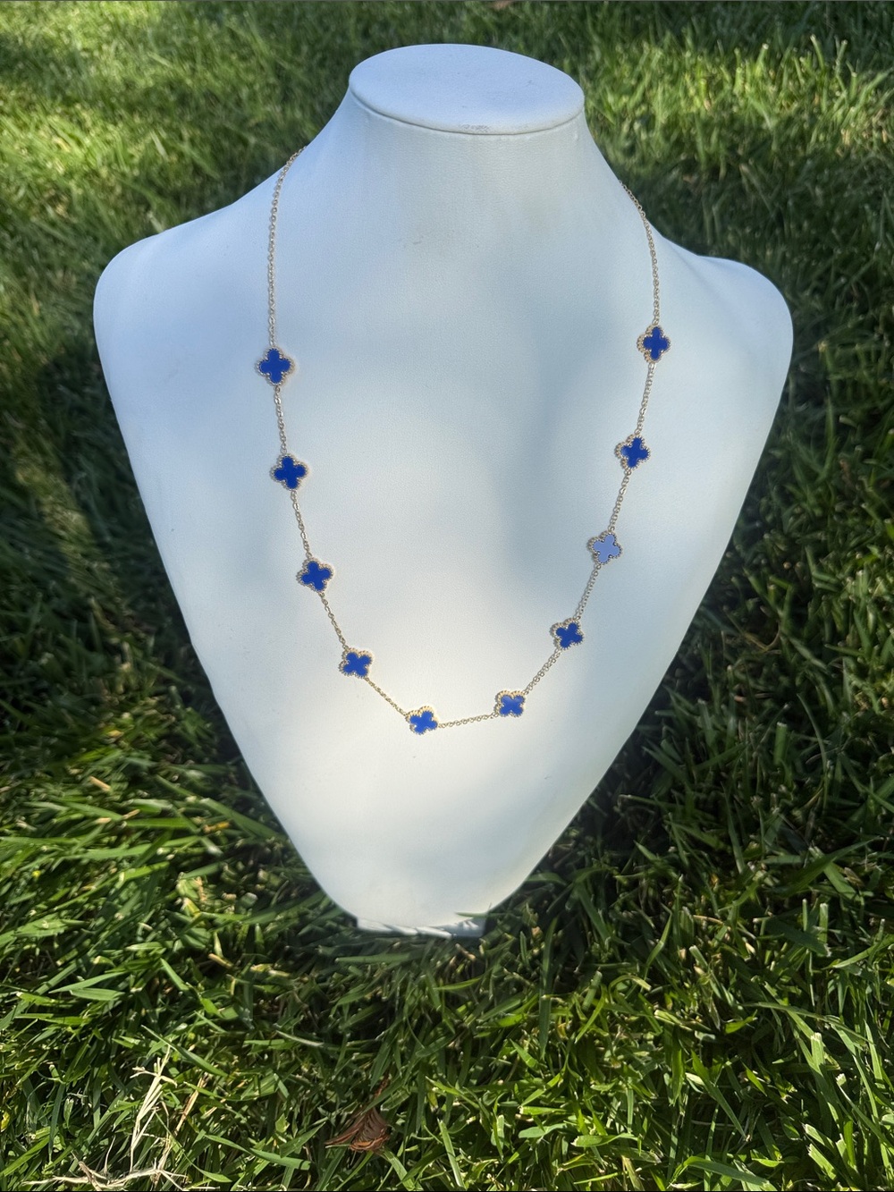 Gold-Tone Necklace with Blue Clover Motifs